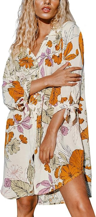 CUPSHE Women Floral Shirt Dress Cover Up Beach Dress 3/4 Sleeve Button Down Midi Length Dress Whi... | Amazon (US)