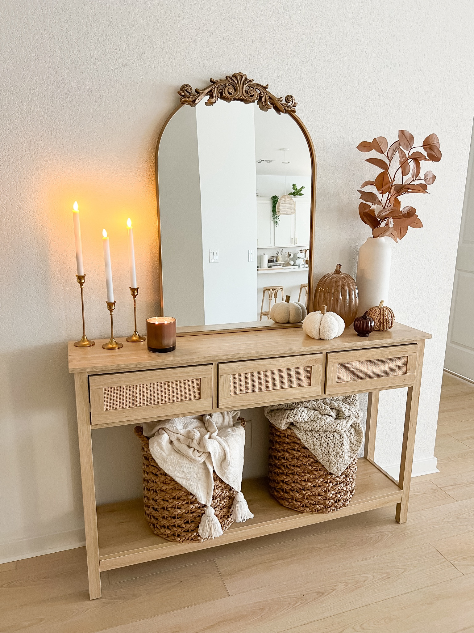 Fall console table decor (linked similars for oos items) | fall console table decor ideas, fall console table styling, fall decor console table, console table fall decor, how to style a console table for fall, fall home decor, neutral fall decor, fall decor ideas, antique mirror, primrose mirror dupe, rattan console table, glass pumpkin, rattan pumpkin, woven pumpkin, sherpa pumpkin, brown eucalyptus, fall florals, target home, Amazon home #LTKSeasonal #LTKSaleAlert #LTKStyleTip

#LTKHome #LTKFindsUnder50 #LTKFindsUnder100