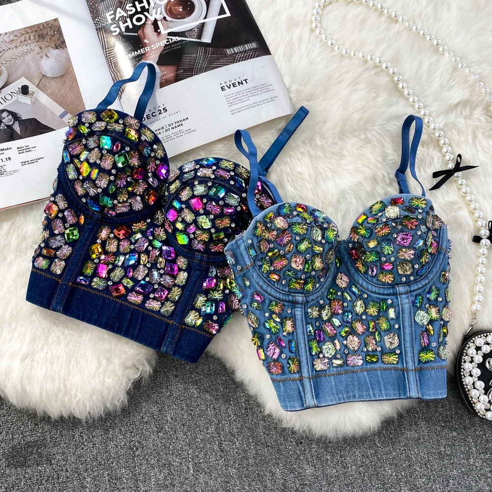 Hot Girl Sexy Retro Cross Denim Camisole Women Outer Wear Design Heavy Industry Beads Colorful Di... | AliExpress (US)