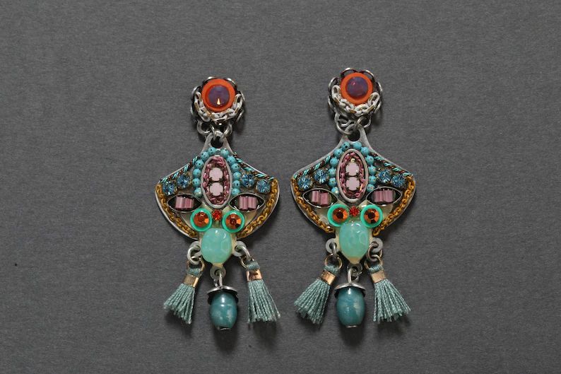 Unique Geometric Earrings, Long Beaded Studs, Colorful Stud Earrings, Swarovski Crystals, Glass B... | Etsy (US)