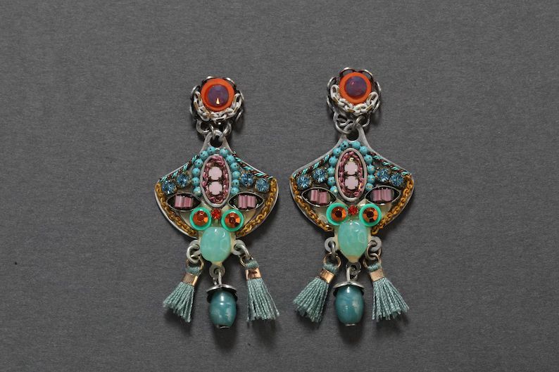 Unique Geometric Earrings, Long Beaded Studs, Colorful Stud Earrings, Swarovski Crystals, Glass B... | Etsy (US)
