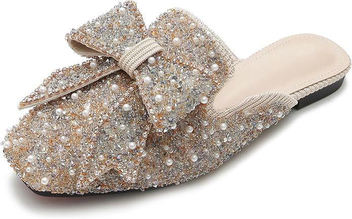 SAFECAMS Women's Rhinestone Bow Flat Mules Comfortable Square Toe Slip on Penny Loafers Ladies Ba... | Amazon (US)