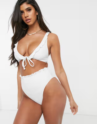 ASOS DESIGN mix and match broderie high leg high waist bikini bottom in white | ASOS (Global)
