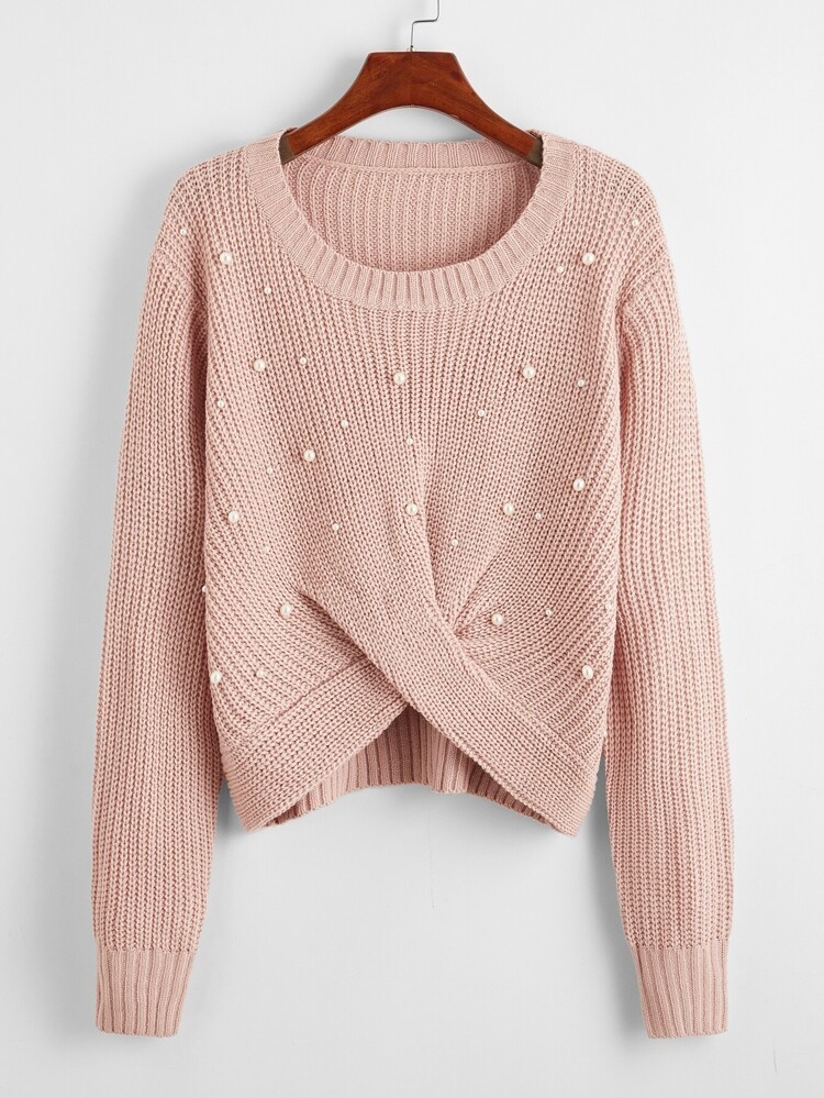 Pearls Detail Twist Front Sweater | SHEIN