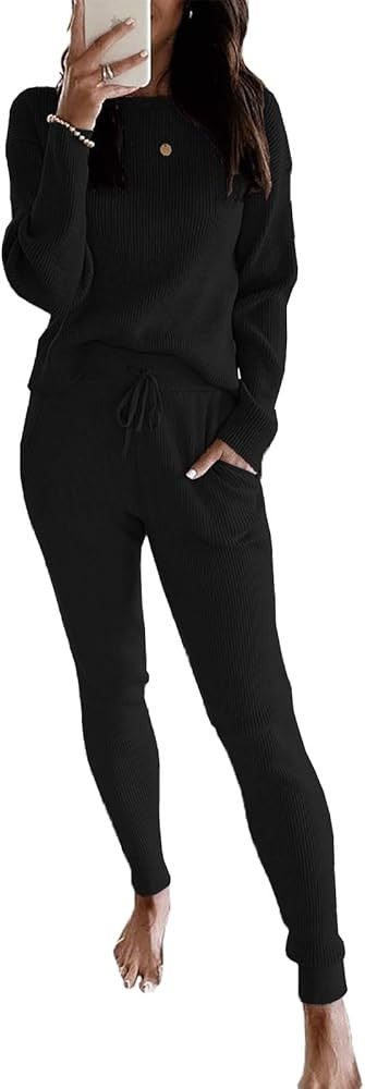 Eurivicy Women's Fall Rib Knit 2 Piece Outfit sets Long Sleeve Pullover Sweater Top and Drawstrin... | Amazon (US)
