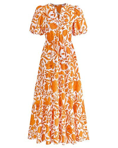 dowerme Womens Summer Dresses 2026 Casual Puff Short Sleeve V Neck Floral Boho Tiered Ruffle Maxi Dress with Pockets(White Orange Yellow,Small) | Amazon (US)