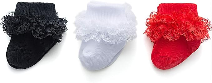 Epeius Baby-Girls Eyelet Turn Cuff Ruffle Lace Socks Triple Lace Dressy Socks Newborn/Infants/Tod... | Amazon (US)