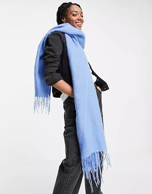 ASOS DESIGN supersoft long woven scarf with tassels in blue | ASOS | ASOS (Global)