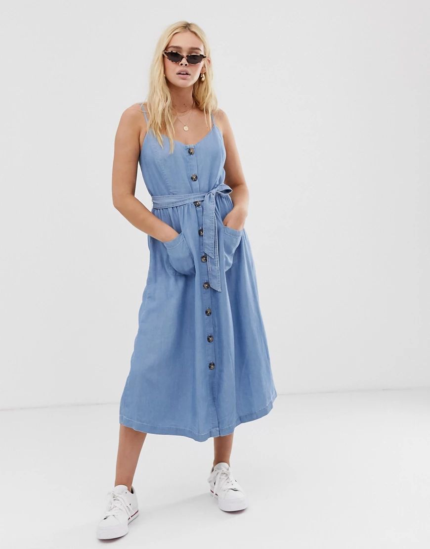 Only chambray button through midi dress-Blue | ASOS (Global)