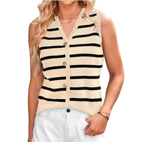 Pailody Womens Sweater Vest Sleeveless Knit Striped V Neck Vest Top Shirt 2024 Fall Casual Button Down Tank Top (Apricot,X-Large) | Amazon (US)