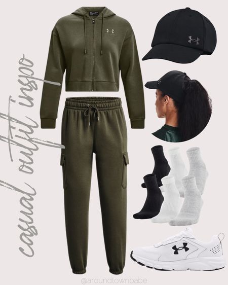 Under Armour markdowns, casual outfit inspo! Cargo joggers with crop zip up hoodie outfit