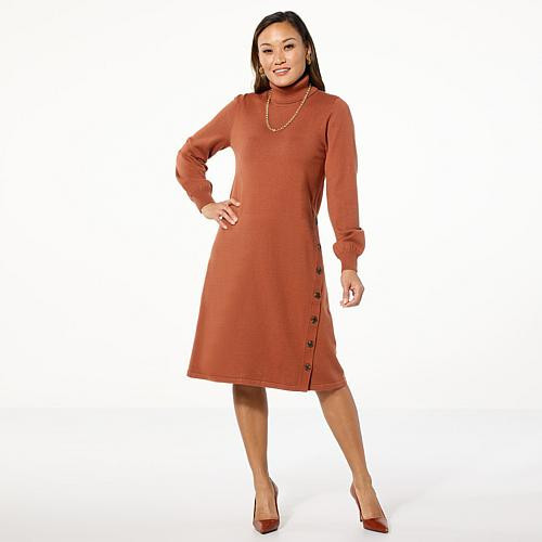 MarlaWynne WynneLayers Turtleneck Sweater Knit Midi Dress - Tan - Size Small | HSN