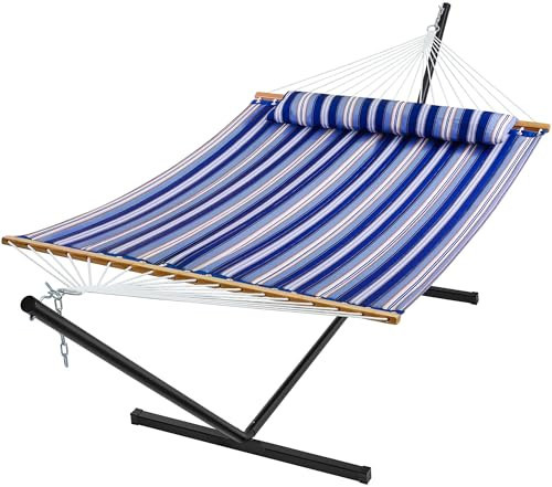 SUPERJARE Hammock with Stand, 2 Person Quilted Outdoor Hammock, Detachable Pillow & Bamboo Spreaders, Portable Hammock with Carrying Bag, Heavy Duty Stand, Perfect for Outside, Navy Blue Stripe | Amazon (US)