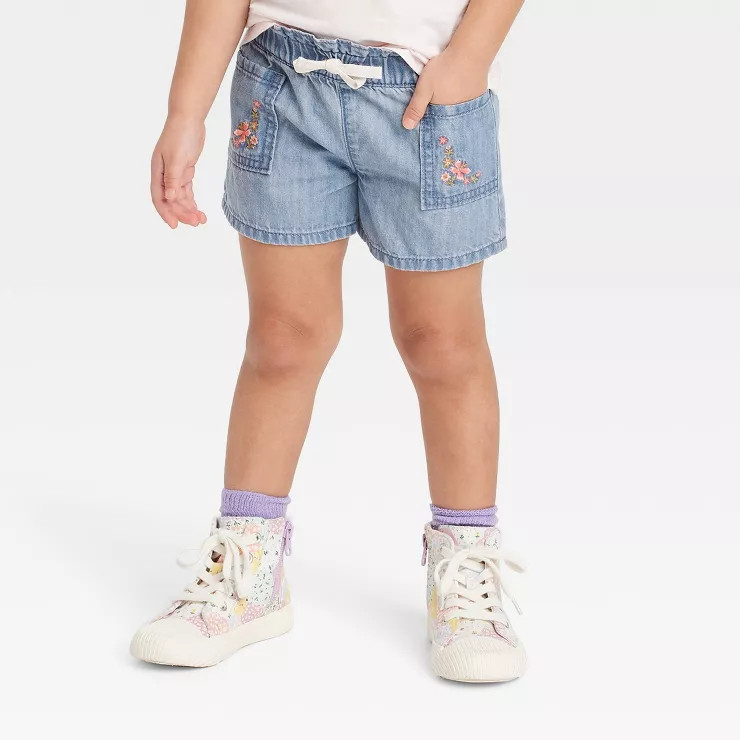 OshKosh B'gosh Toddler Girls' Floral Denim Pull-On Paper Bag Shorts - Light Blue | Target