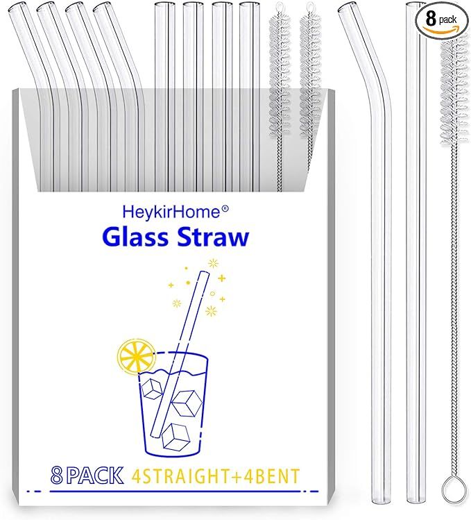 HeykirHome 8-Pack Reusable Glass Straw,Size 8.5''x10 MM,Including 4 Straight and 4 Bent with 2 Cl... | Amazon (US)
