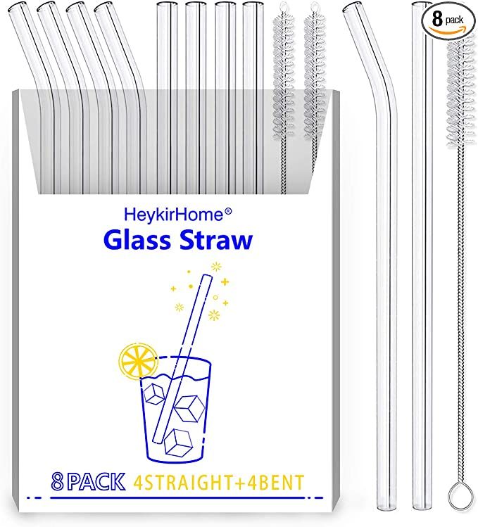 HeykirHome 8-Pack Reusable Glass Straw,Size 8.5''x10 MM,Including 4 Straight and 4 Bent with 2 Cl... | Amazon (US)