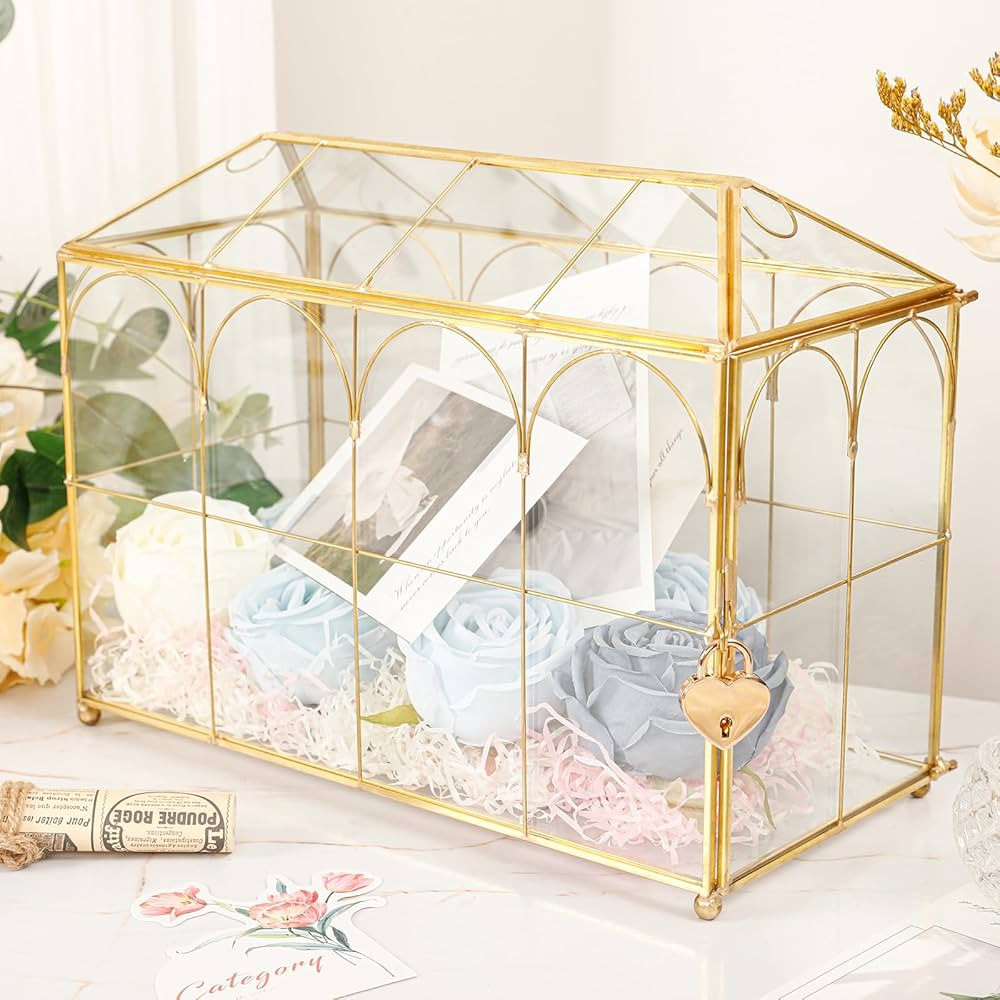 Glass Wedding Card Box with Slot and Lock, 12.6 Inch Large Clear Card Boxes Gold Glass Terrarium ... | Amazon (US)