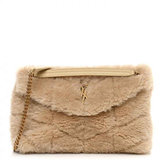 SAINT LAURENT Shearling Quilted Small Loulou Monogram Chain Satchel Natural Beige | FASHIONPHILE (US)