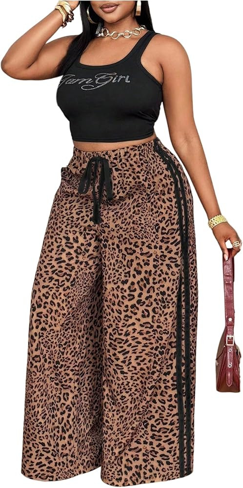 BEAUDRM Women's Plus Size Leopard Baggy Pants Y2k Stripe Cheetah Pants Tie Front Wide Leg Loose T... | Amazon (US)