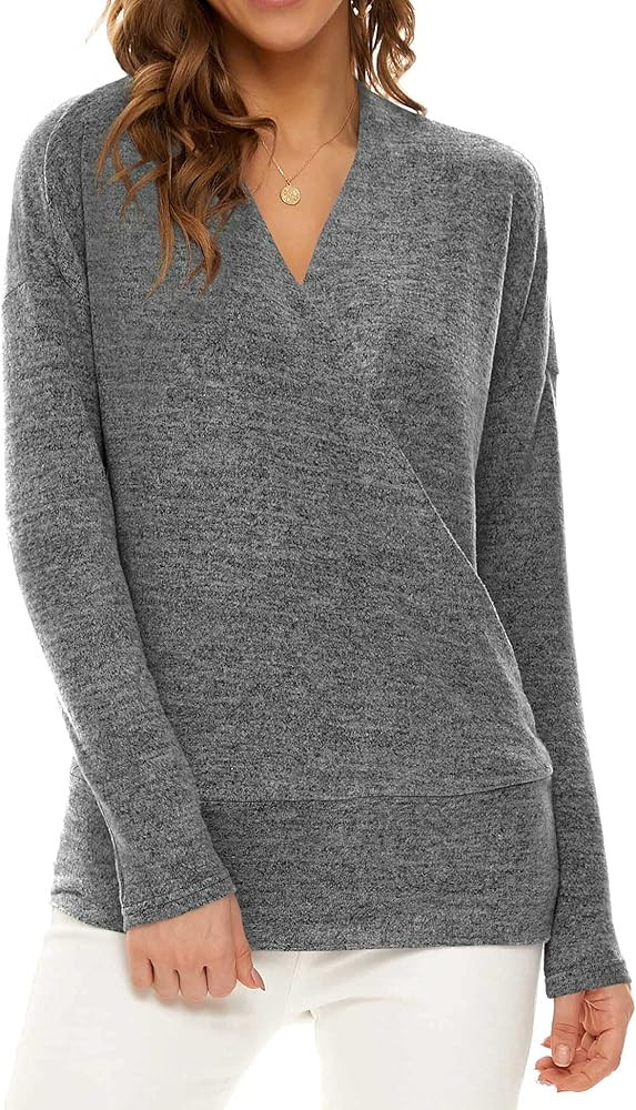 Neineiwu Women's 2023 Long Sleeve Wrapped Surplice V Neck Casual Knit Tunic Tops Blouse | Amazon (US)