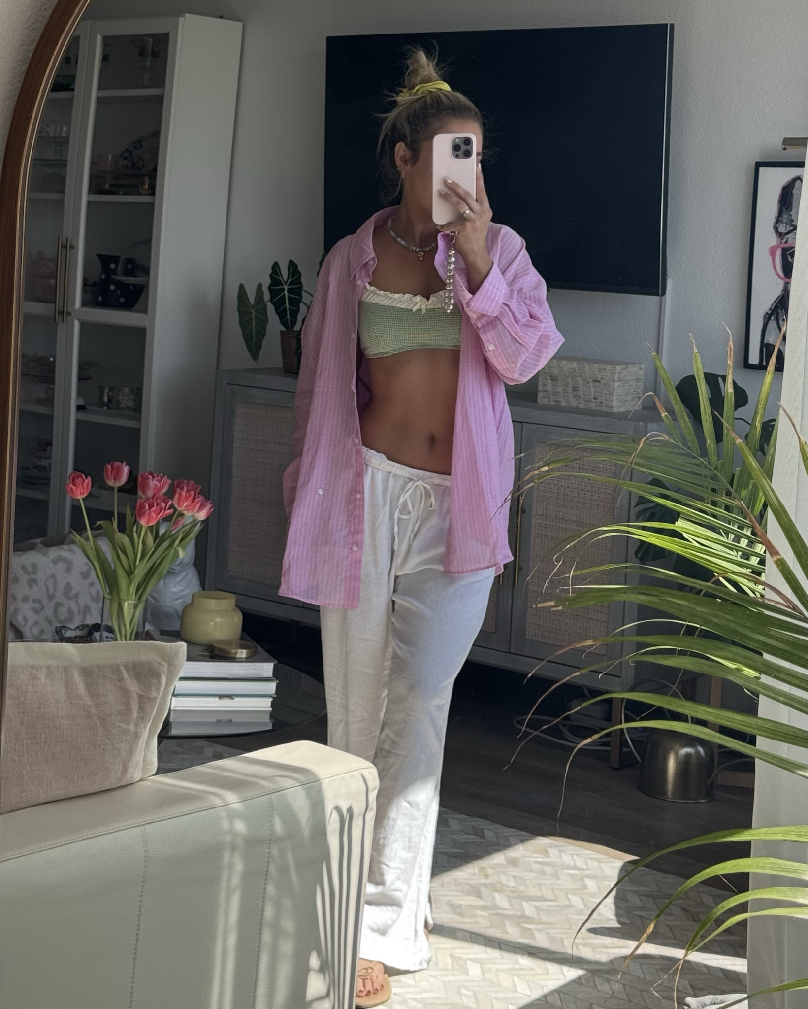 Large button down-H&M sold out online 
Small bikini
Medium pants 