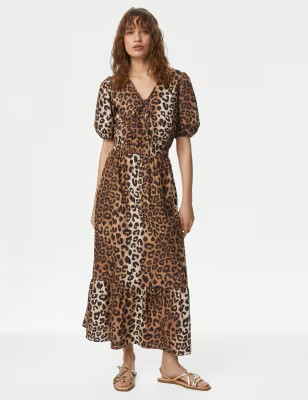 Pure Cotton Animal Print Midaxi Waisted Dress | Marks & Spencer (UK)