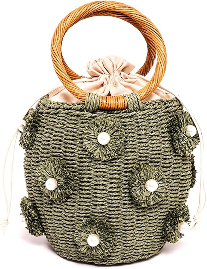 Orgonite Bucket Straw Handbag, Handmade Tote Bag with Pearl Flower, Beach Woven Bag Rattan Basket... | Amazon (US)