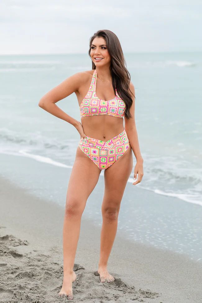 Gossip On Deck in Cabo Crochet Multi Color High Waisted Crossover Bikini Bottoms | Pink Lily