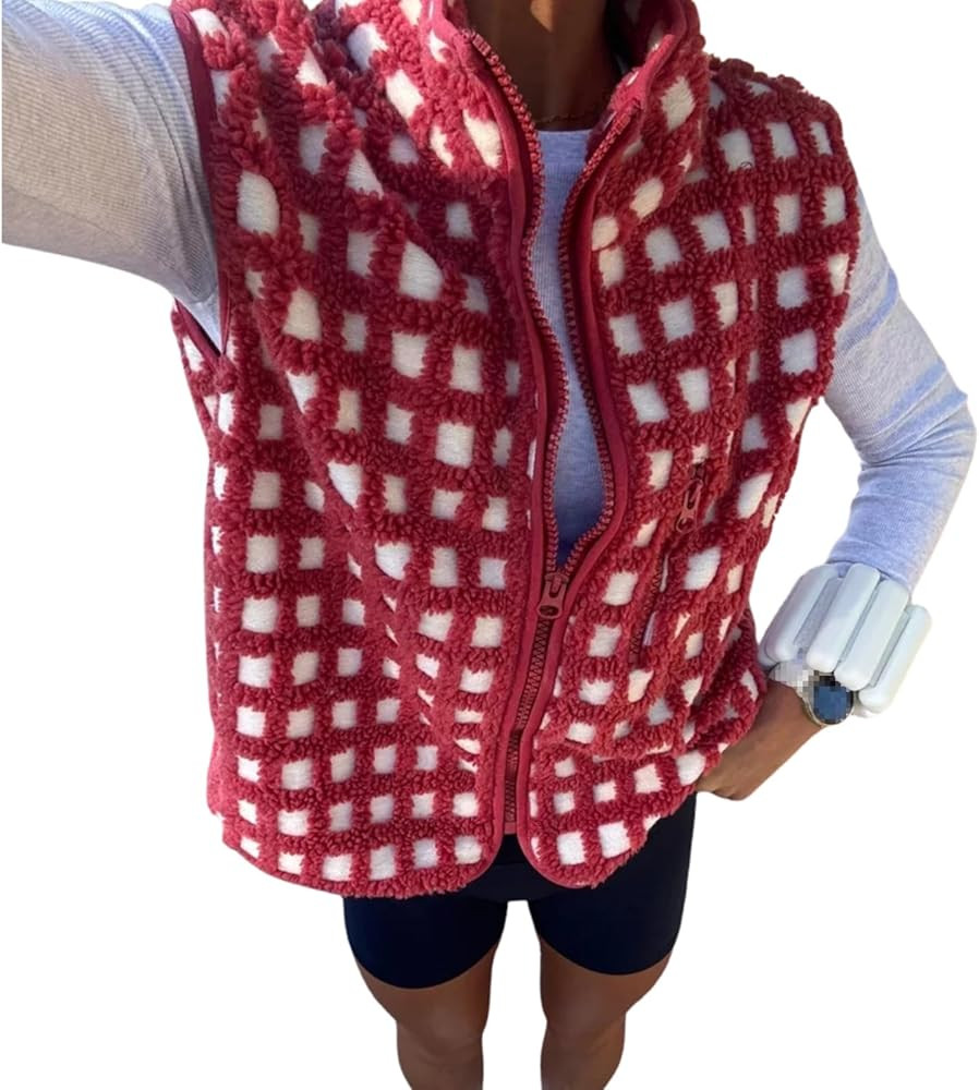 Women Checkered Sherpa Fleece Vest Zip Up Sleeveless Jacket | Amazon (US)