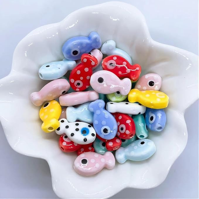 Decoendiy 50Pcs Porcelain Ceramic Fish Beads, Ocean Sea Beach Animal Beads, Fish Shaped Printed L... | Amazon (US)