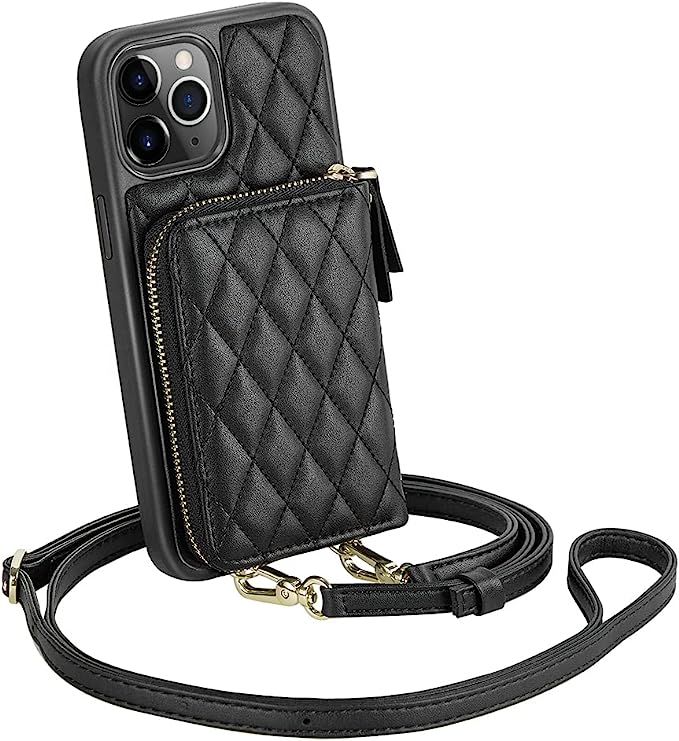 iPhone 11 Pro Max Wallet Case, LAMEEKU Zipper Wallet Case Card Holder Quilted Leather Crossbody W... | Amazon (US)