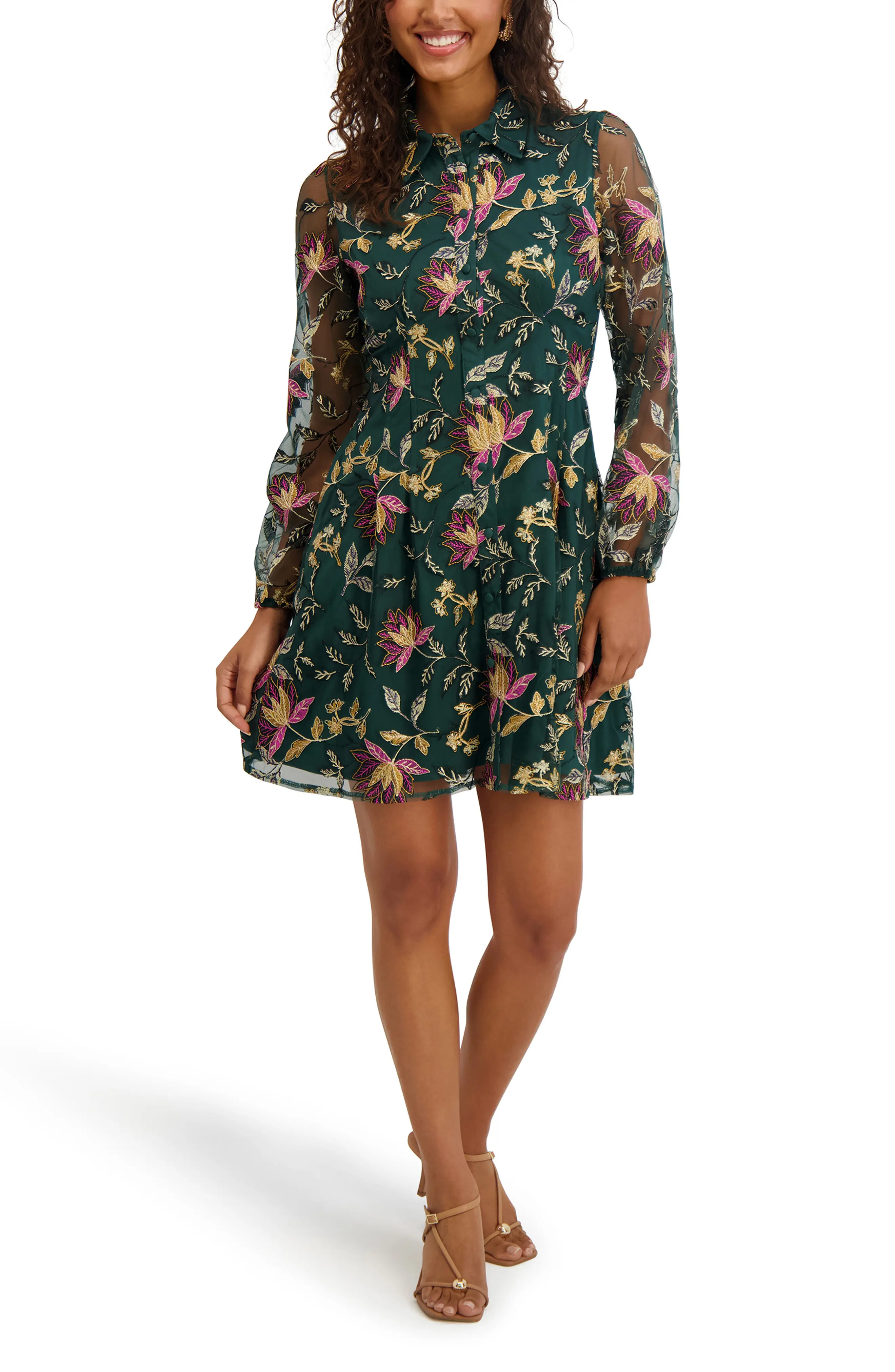 Kensie Embroidered Mesh Long Sleeve Shirtdress in Pine Multi at Nordstrom Rack, Size 16 | Nordstrom Rack