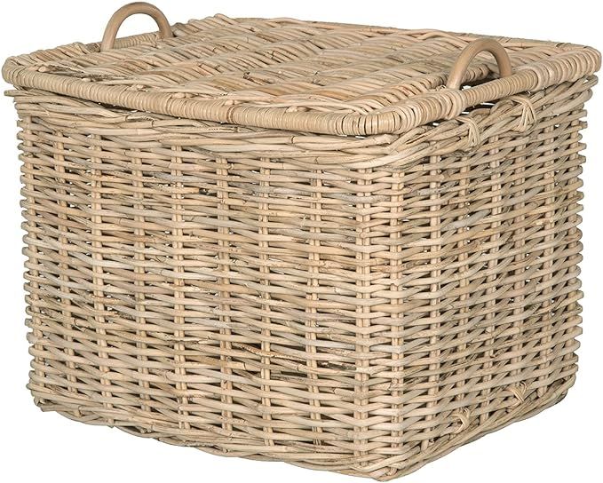 Rattan Core Rectangular Storage Basket with Lid, Natural, Large | Amazon (US)