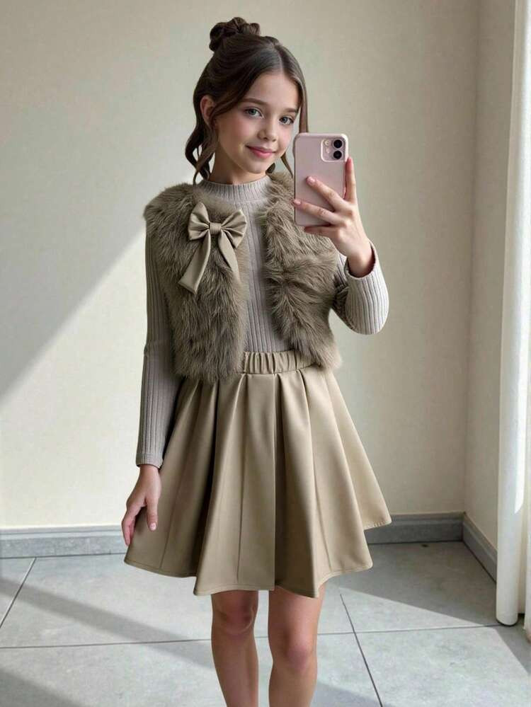 3pcs Set: Brown Furry Vest With Bow, Matching Camisole, And PU Pleated Skirt Fall Winter | SHEIN