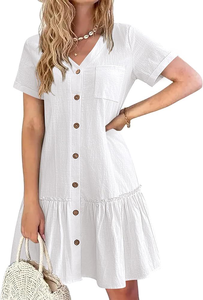 HOTOUCH Women Button Down Dress Loose Summer Cotton Linen Dress Ruffle Hem Casual Dress Short Sle... | Amazon (US)