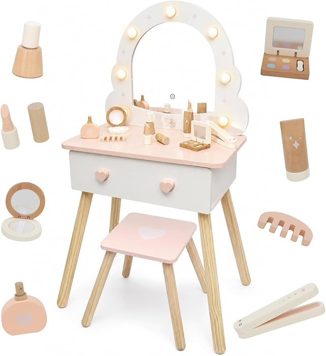 Nene Toys Kids Vanity Table and Stool Set with Lighted Mirror, 3 Lighting Modes, Girls Vanity Set... | Amazon (US)