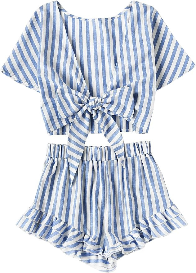 SweatyRocks Women's 2 Piece Outfit Striped V Neck Knot Front Crop Top with Shorts | Amazon (CA)