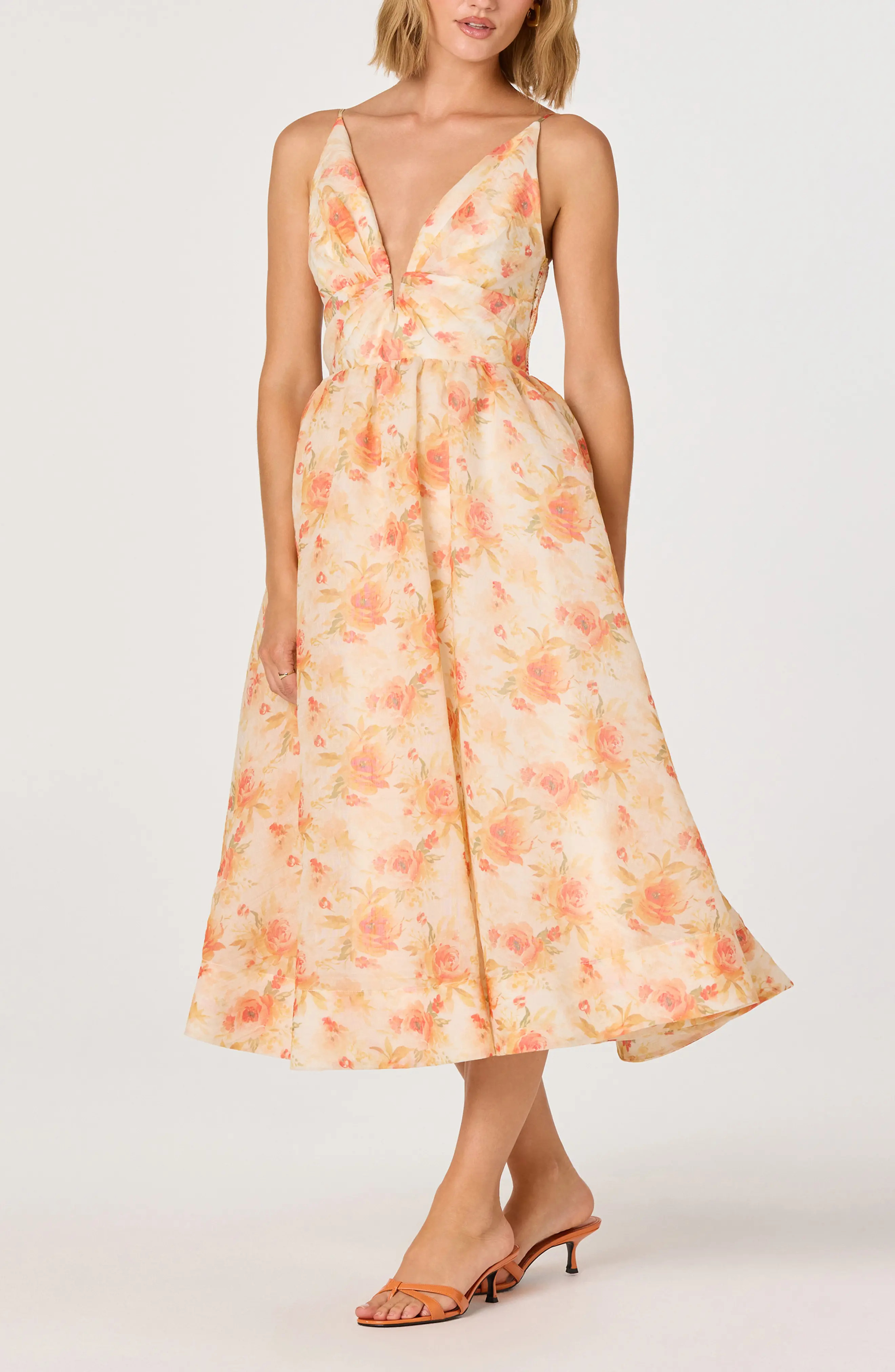ASTR the Label Janna Floral Chiffon Midi Dress in Orange Floral at Nordstrom, Size Medium | Nordstrom