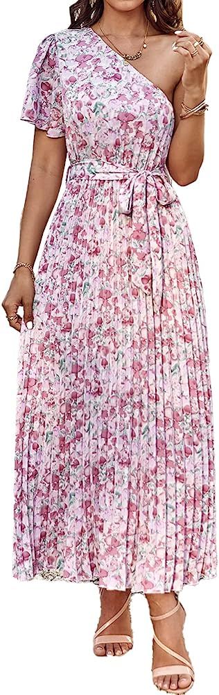 BTFBM Women 2023 Boho Summer One Shoulder Dresses Short Sleeve Floral Solid High Waist Elegant Be... | Amazon (US)