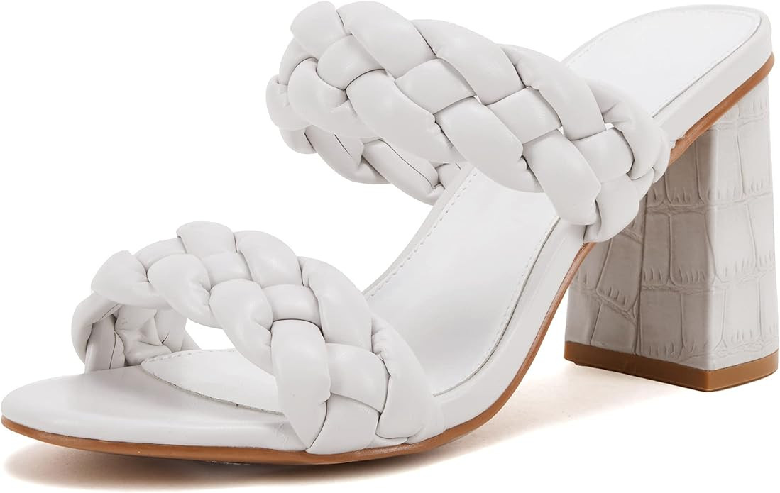 Womens Braided Heeled Sandals Chunky Block Heel Open Toe Strappy Slip On Backless Summer Slide Sh... | Amazon (US)