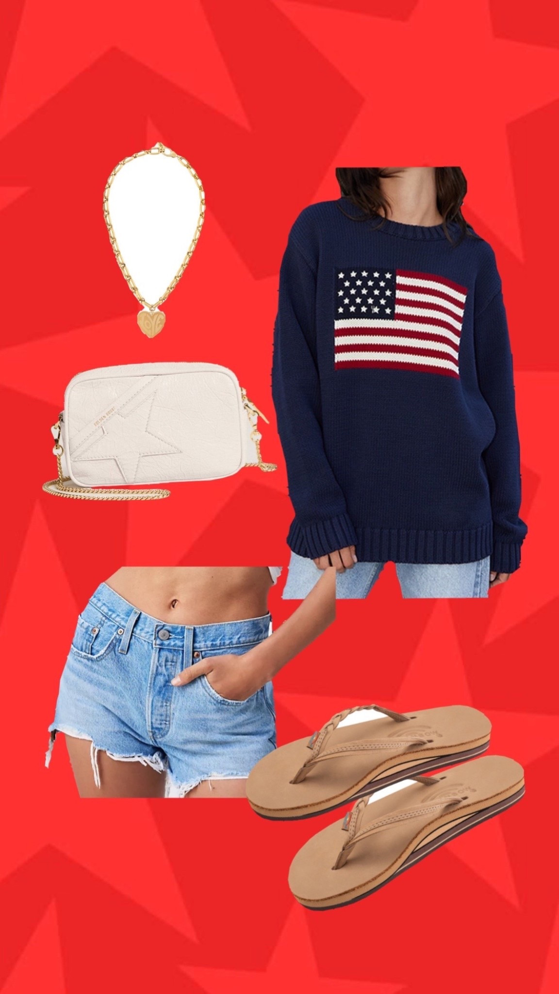 Fourth of July outfits, American flag sweater, Jean shorts, gold necklaces, USA, 4th of July outfit inspo, rainbow flip flops, summer outfits, red white and blue outfit, summer, cape cod

#LTKSeasonal