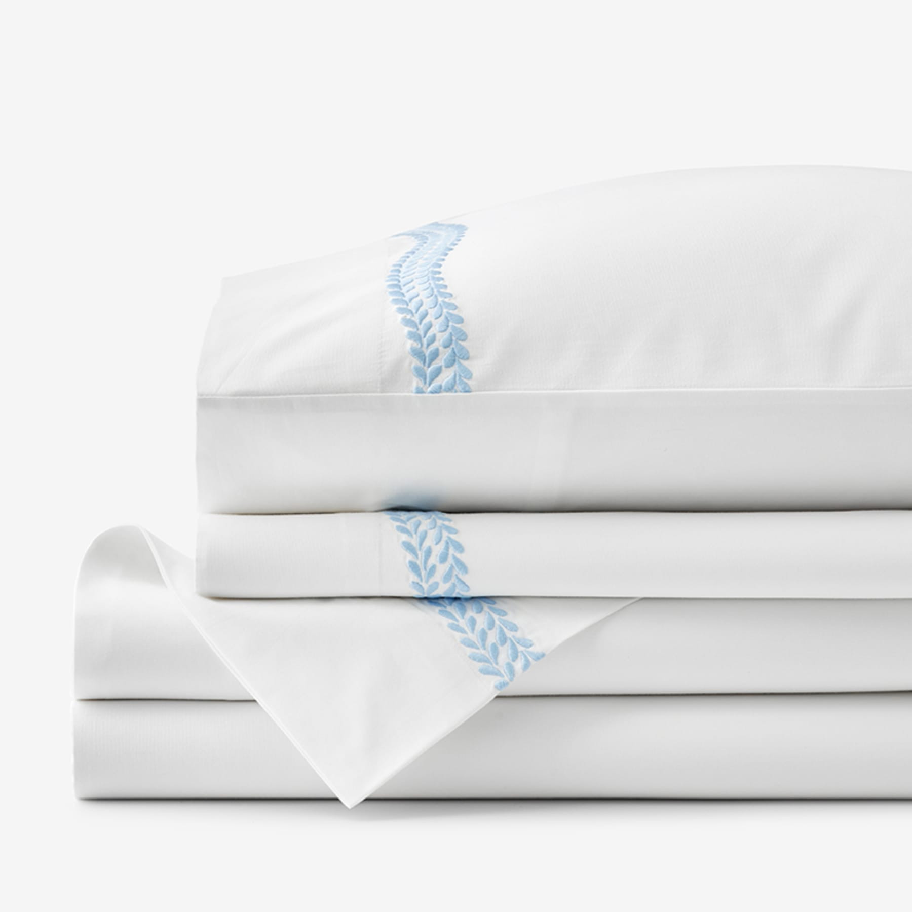Embroidered Leaf Premium Cool Egyptian Cotton Percale Bed Sheet Set - White/Blue, Full | The Company Store