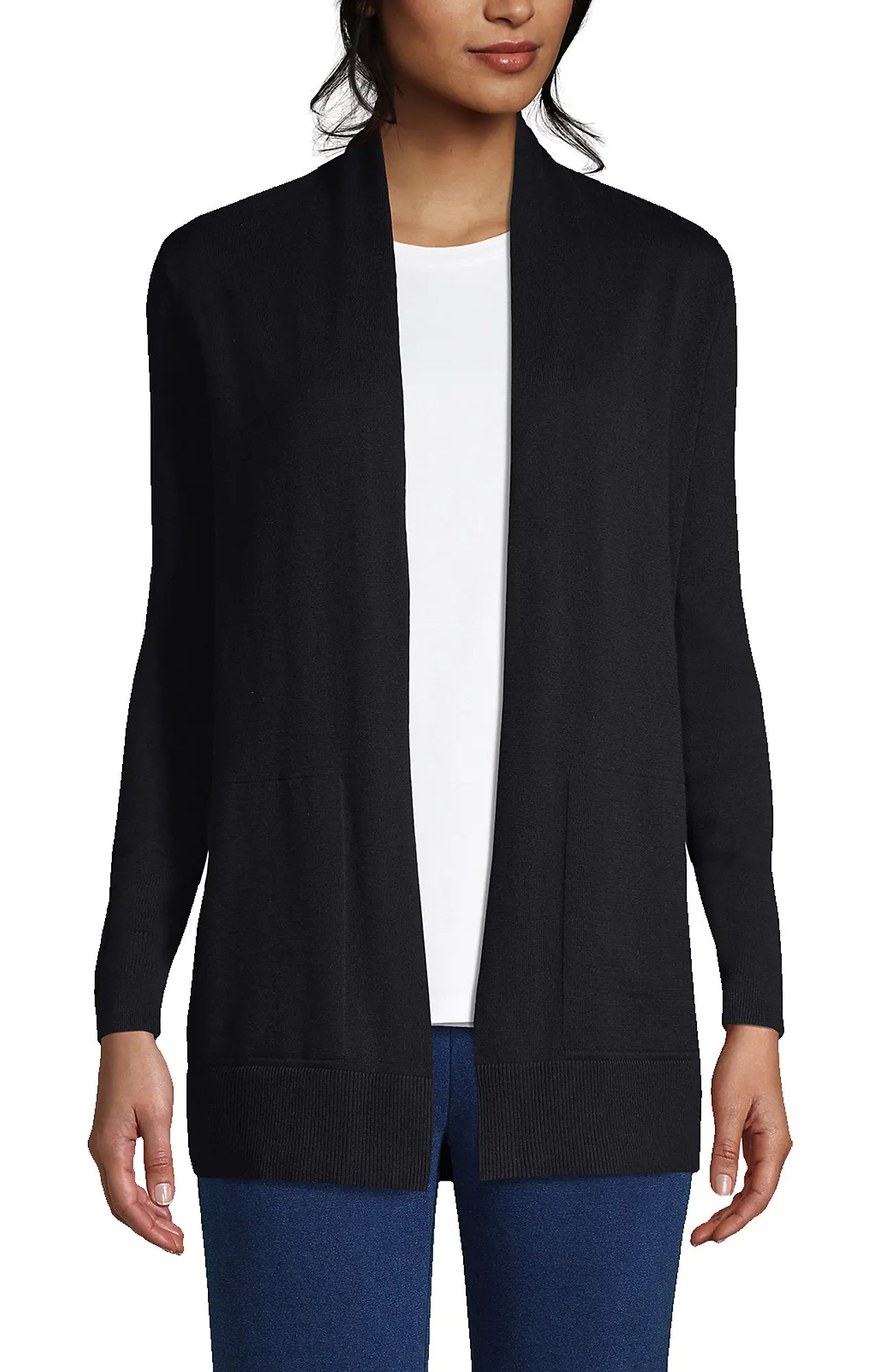 Lands' End Long Sleeve Open Long Cardigan Sweater in Black at Nordstrom, Size Medium P | Nordstrom