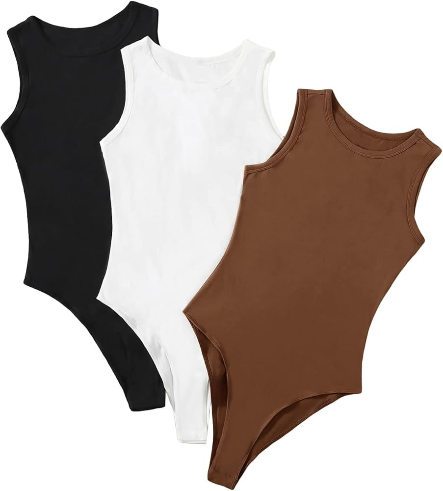 Milumia Women's 3 Pack Sleeveless Bodysuit Solid Round Neck Skinny Tank Tops Set | Amazon (US)