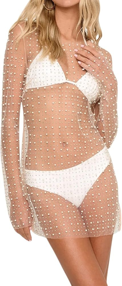Women Pearl Rhinestone See Through Mesh Dress Long Sleeve Beach Cover Up Dress Summer Sexy Sheer ... | Amazon (US)