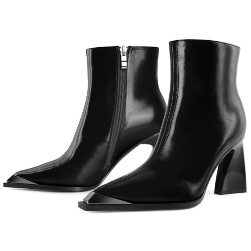YODEKS Womens Ankle Boots Chunky Heel Boots Short Ankle Booties Pointed Toe 3.3 Inch High Block Heel Black With Size Zipper Size 9.5 | Amazon (US)