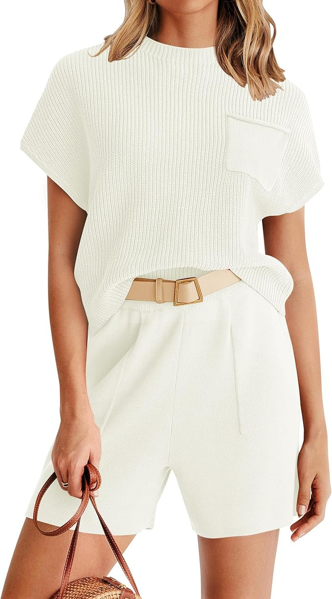 ZESICA Women's 2 Piece Outfits Sweater Set Short Sleeve Mock Neck Knit Pullover Top and Shorts Tr... | Amazon (US)
