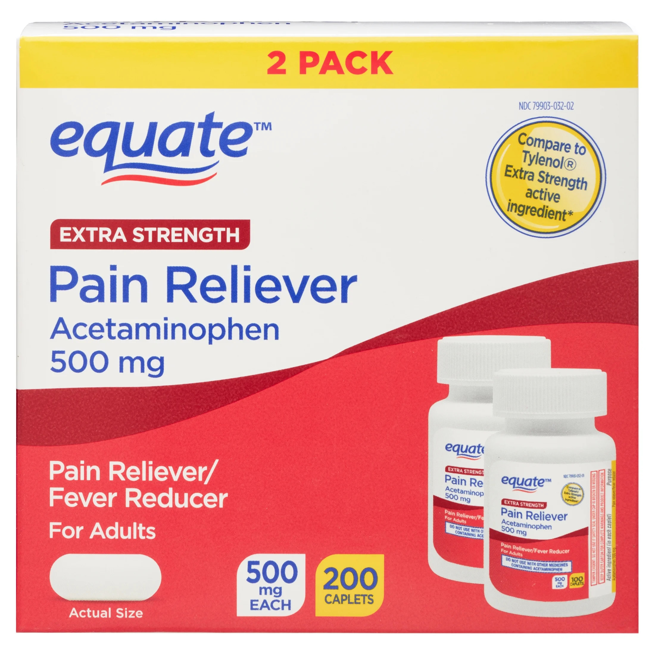 Equate Extra Strength Acetaminophen Pain Reliever Caplets, 500 mg, 200 Count, 2 Pack | Walmart (US)