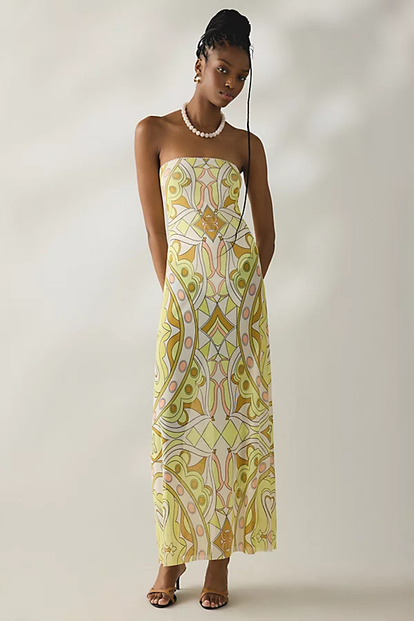 AFRM Alfie Semi-Sheer Mesh Strapless Maxi Dress in Geo Scarf, Women's at Urban Outfitters | Urban Outfitters (US and RoW)