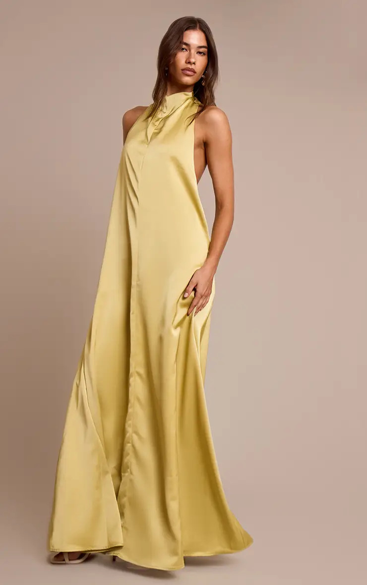 Chartreuse Satin High Neck Scoop Extreme Low Back Maxi Dress | PrettyLittleThing UK